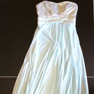 Floor length blue and silver sparkles prom dress